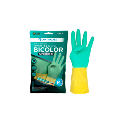Guantes de Látex Bicolor Reforzados Reutilizables Verde/Amarillo  Cuatrogasa (1 par)