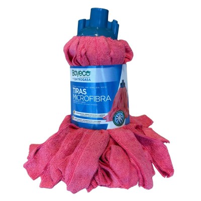 Fregona profesional de tiras microfibra Bayeco Cuatrogasa color rojo, máxima absorción y limpieza eficaz en todo tipo de suelos.