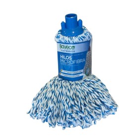 Fregona profesional de hilos de microfibra Bayeco Cuatrogasa azul y blanco, limpieza eficaz y resistente para suelos.