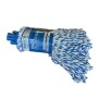 Cabezal de fregona Bayeco Cuatrogasa de hilos 100% microfibra azul y blanco, gran durabilidad y absorción.