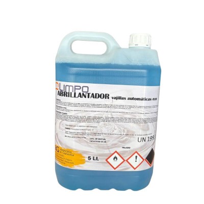 Abrillantador para lavavajillas automáticos, envase de 5 litros, evita marcas de agua y restos de cal en vajilla y cristalería.
