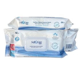 Toallitas húmedas para adultos. Pack de 64 unidades con Aloe Vera, Camomila, Vitamina E y tapa rígida.Vista frontal.