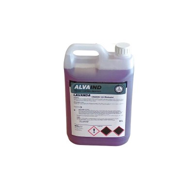 Garrafa de friegasuelos concentrado con bioalcohol 5 litros aroma lavanda, ideal para limpieza profesional.