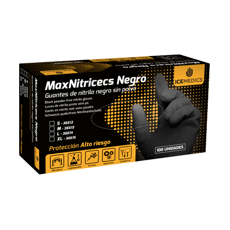 Estuche de 100 Unidades de Guantes Icemedics Maxnitricecs de Nitrilo Negro sin polvo de 6,1 gr.