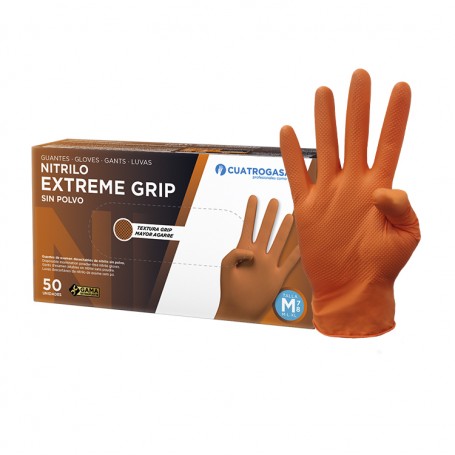 Guantes de Nitrilo sin polvo Naranja Extreme Grip Cuatrogasa 8,5 grs. (50 uds)